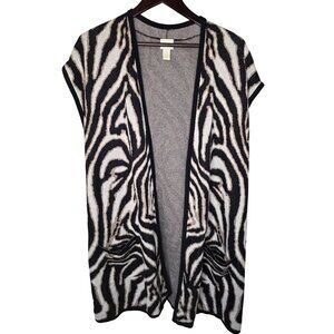 Chicos Zebra Print Open Front Cardigan Vest Size 3 XL Faux Leather Trim